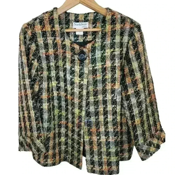 NorthStyle Blazer Jacket Womens Medium Black Colorful Tweed Mod Retro Swing - Picture 1 of 13